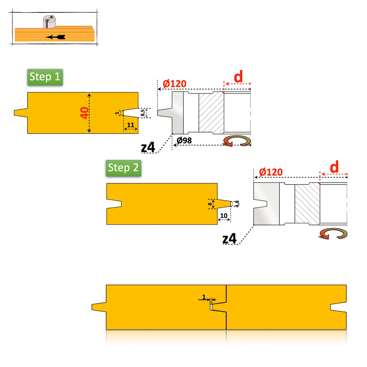 Set 2 Freze Îmbinare Nut și Feder Conic - D120 | d30 | B=25 - 50 mm HSS Premium