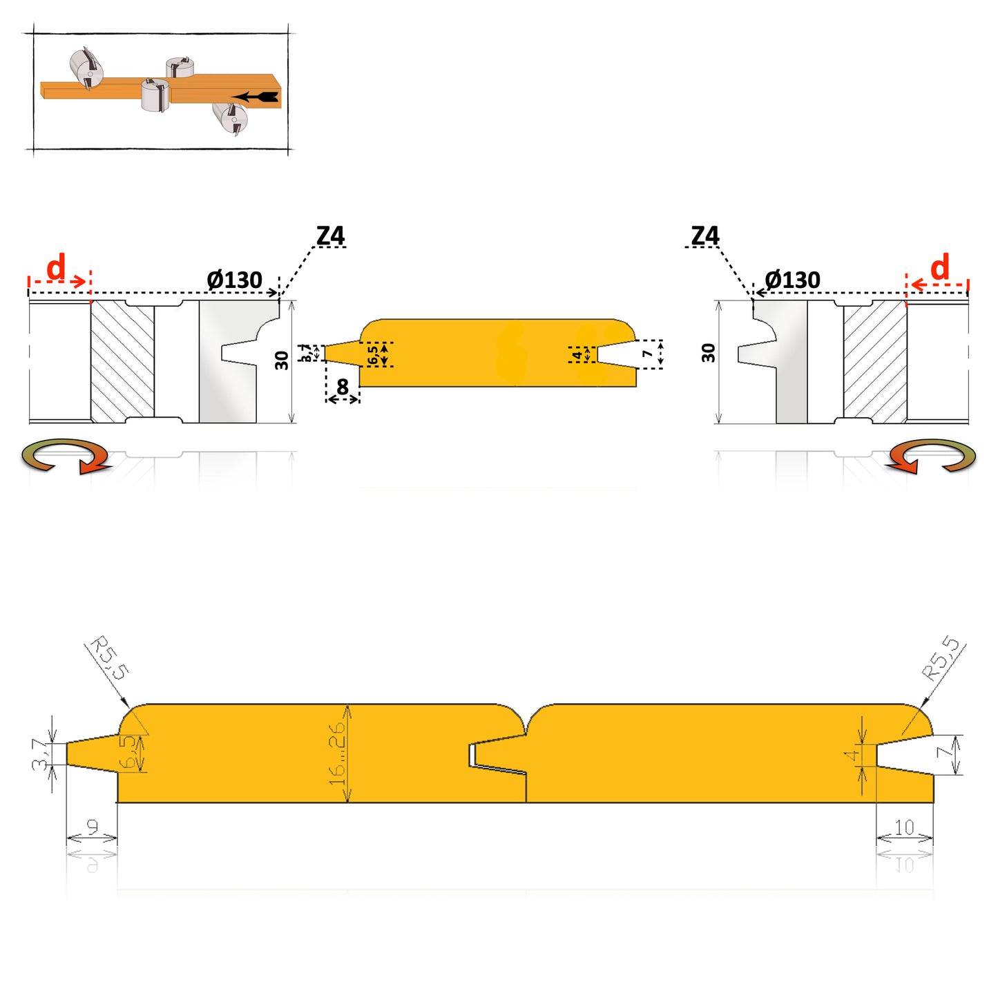 Set freze lambriu profil rotund pentru lemn de 16 si 26 mm pentru lemn masiv sau molid, frasin, esenta moale pe masina de frezat 4 fete