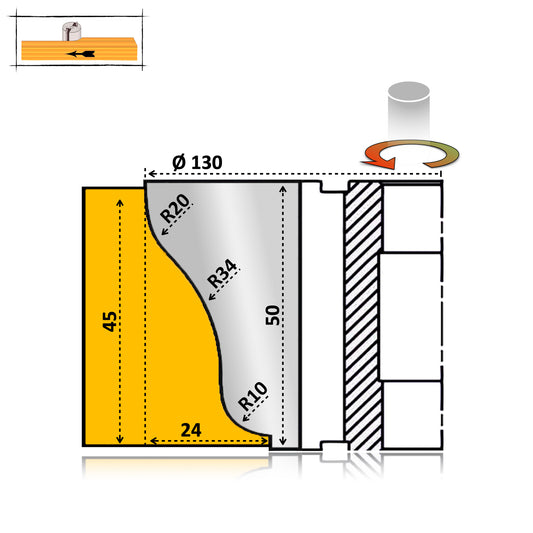 Freza pentru cornisa element decorativ mobilier cu un profil neted si simplu de 50 mm si brazat cu hss pentru esenta moale si tare