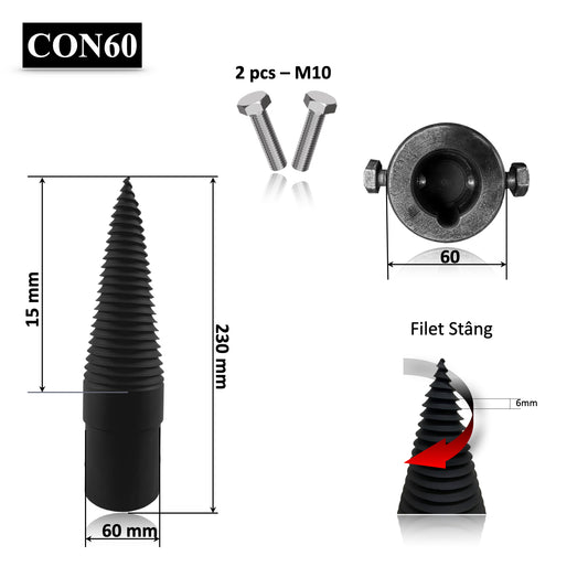 Con crapator despicator de bustean sau lemne, cu prindere ax 30 mm pe motor electric monofazat de 2,2 kwt cu turatie de 1500 rpm