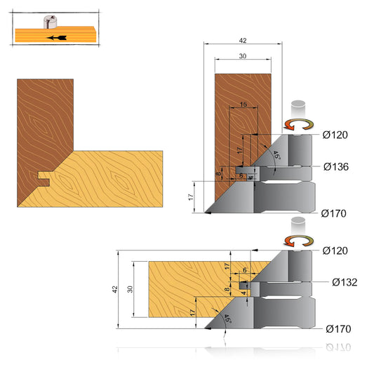Cap de tăiere profilat pentru îmbinări tip lock miter la 45 de grade, construcție solidă pentru tâmplărie industrială și mobilier din lemn masiv.