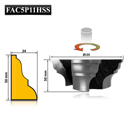 Freza Alezaj brazata cu Hss pentru realizare cornisa de mobilier din lemn de 45 mm inaltime cu adancime de 24 mm cu un profil regal