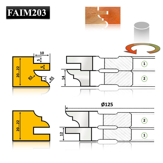 Freze pentru îmbinări precise în material de 20-22 mm, din HSS, cu sistem de schimbare pentru profil și contraprofil.