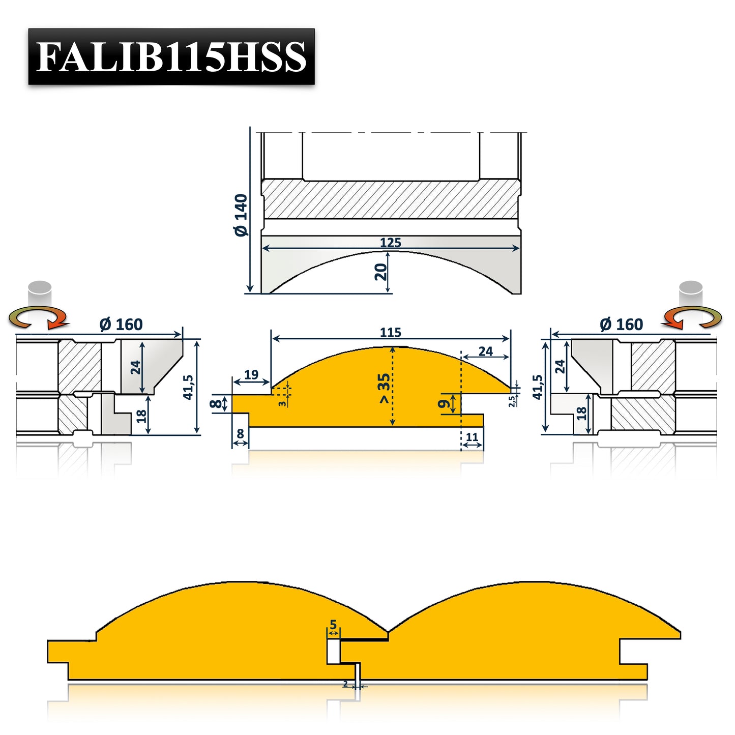 Freze profesionale pentru lambriu semirotund – set de 5 freze HSS, alezaj 40 mm. Imitatie bustean ideal pentru casute din lemn