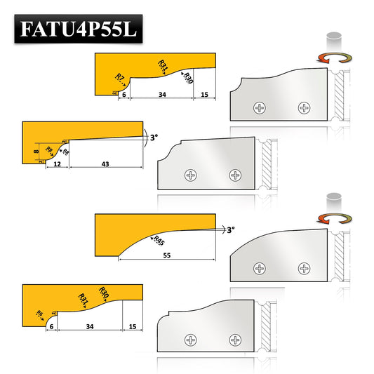 Freza profilată pentru tăblii de uși, 55 mm, cuțite HSS amovibile, 4 profile interschimbabile pentru versatilitate și precizie maximă.
