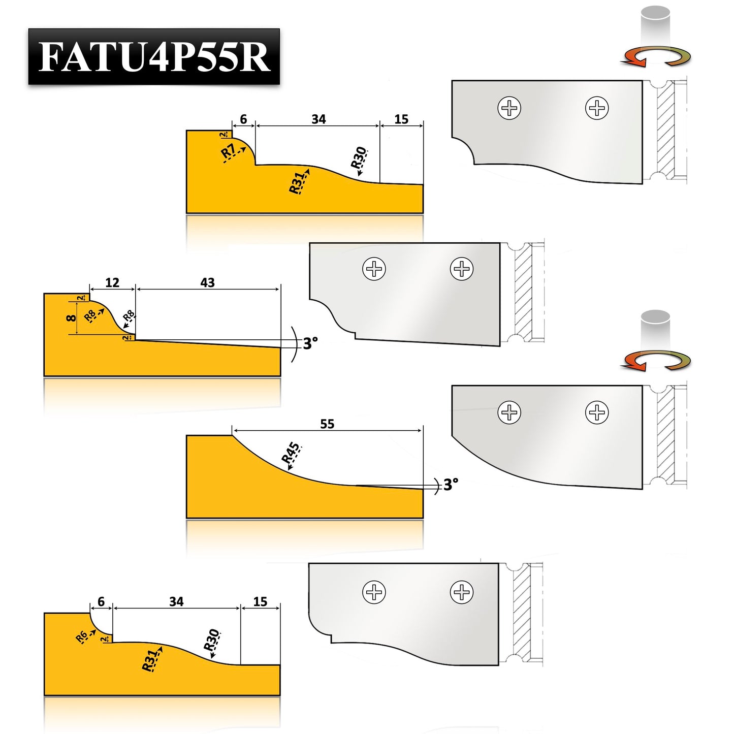 Freza profilată pentru tăblii de uși, 55 mm, cuțite HSS amovibile, 4 profile interschimbabile pentru versatilitate și precizie maximă.