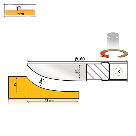 Freza tablie mobila 45 mm HSS cu un profil absolut semirotunjit neted cu raza 40 mm cu partea activa asupra lemnului