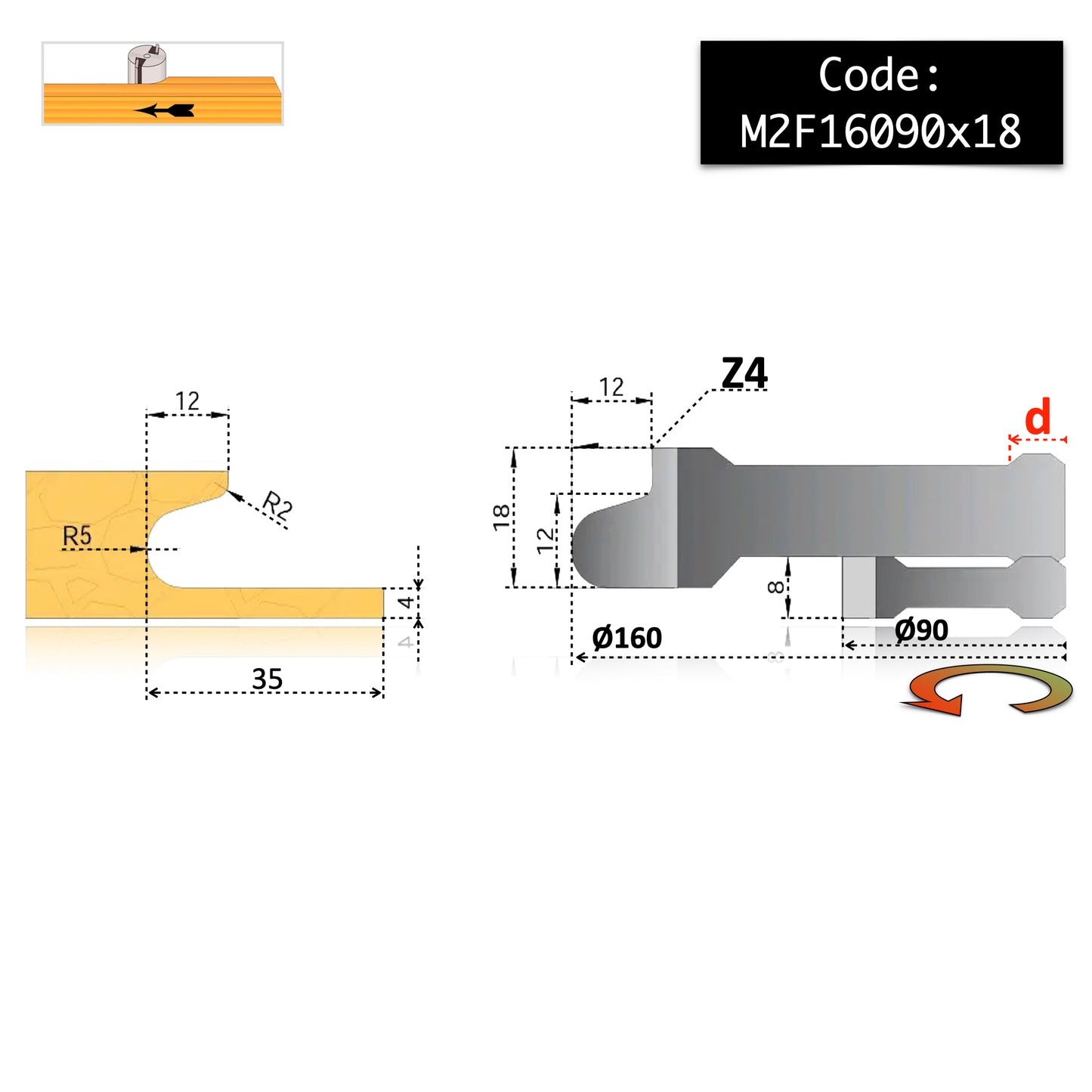 Freza pentru maner mobila de 18 mm cu adancitura raza 5 mm pentru degete pentru lemn esenta tare sau mdf si pal