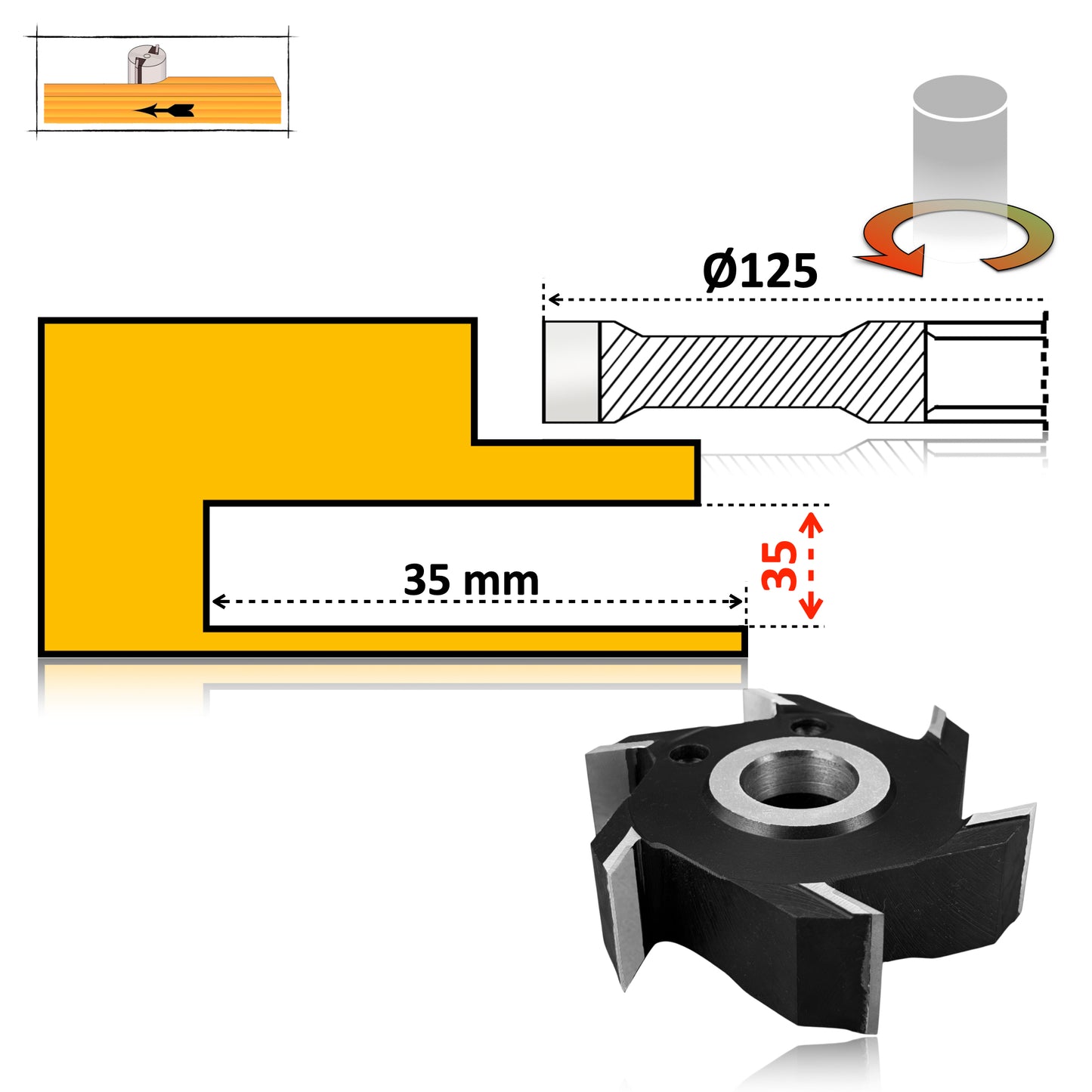 Freză profesională pentru falt nut, 125 mm diametru, 35 mm grosime, placare vidia, ideală pentru prelucrarea lemnului de esență moale și tare.