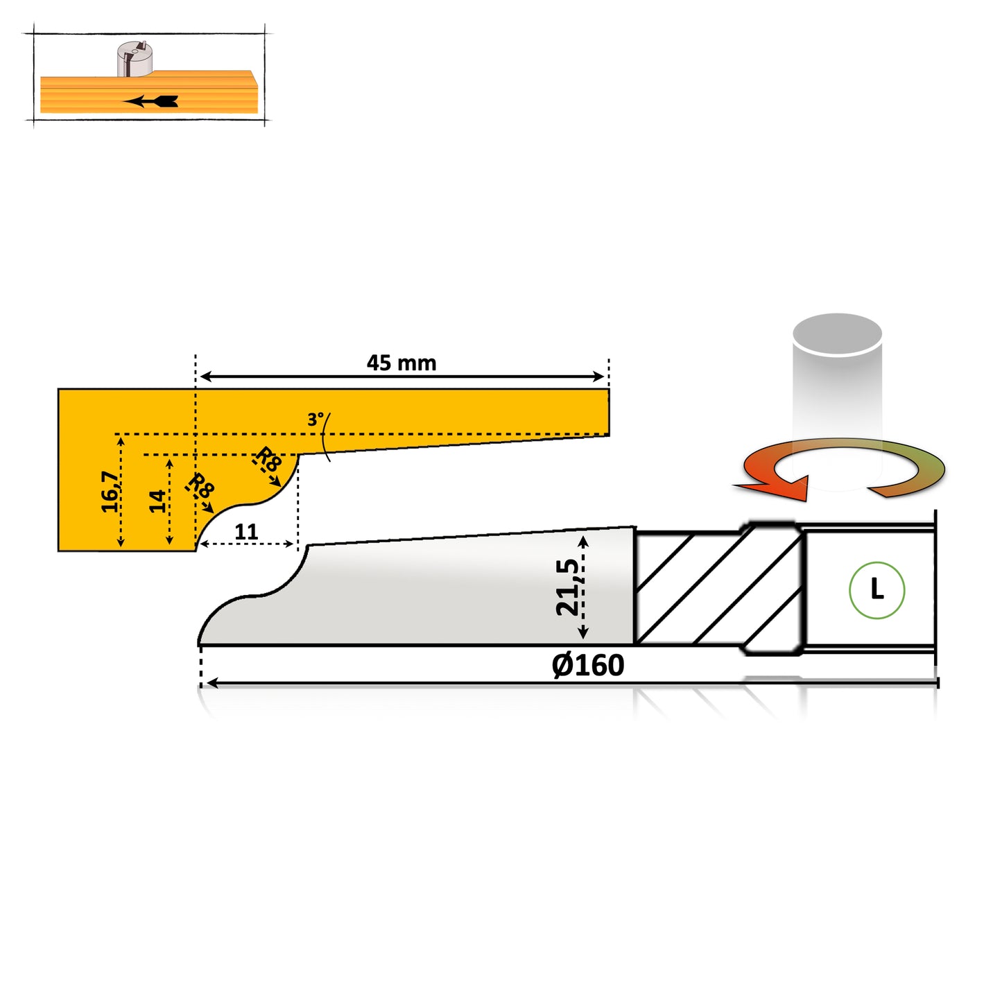 Freza alezaj pentru tablie mobila cu un profil val treptat royal pentru lemn masiv sau moale adancime profilat 45 mm cu partea activa sub lemn