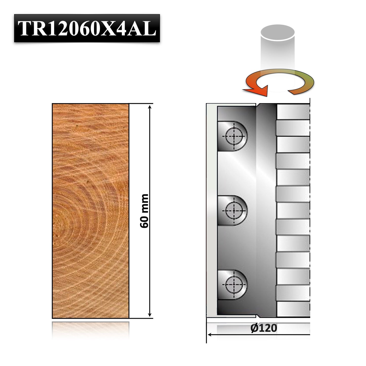 Tambur rindea, cap rindea pentru rindeluire suprafata lemn la masina de frezat sau alte echipamente cu o grosime de 60 mm cu cutite schimbabile de abric hss