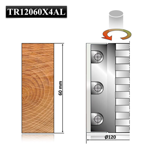 Tambur rindea, cap rindea pentru rindeluire suprafata lemn la masina de frezat sau alte echipamente cu o grosime de 60 mm cu cutite schimbabile de abric hss