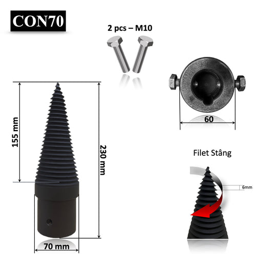 Con crapat despicat lemne bustean de 30-40 cm, pentru motr electric cu ax de 30 mm cu pana, grosime con 7 cm sau 70 mm