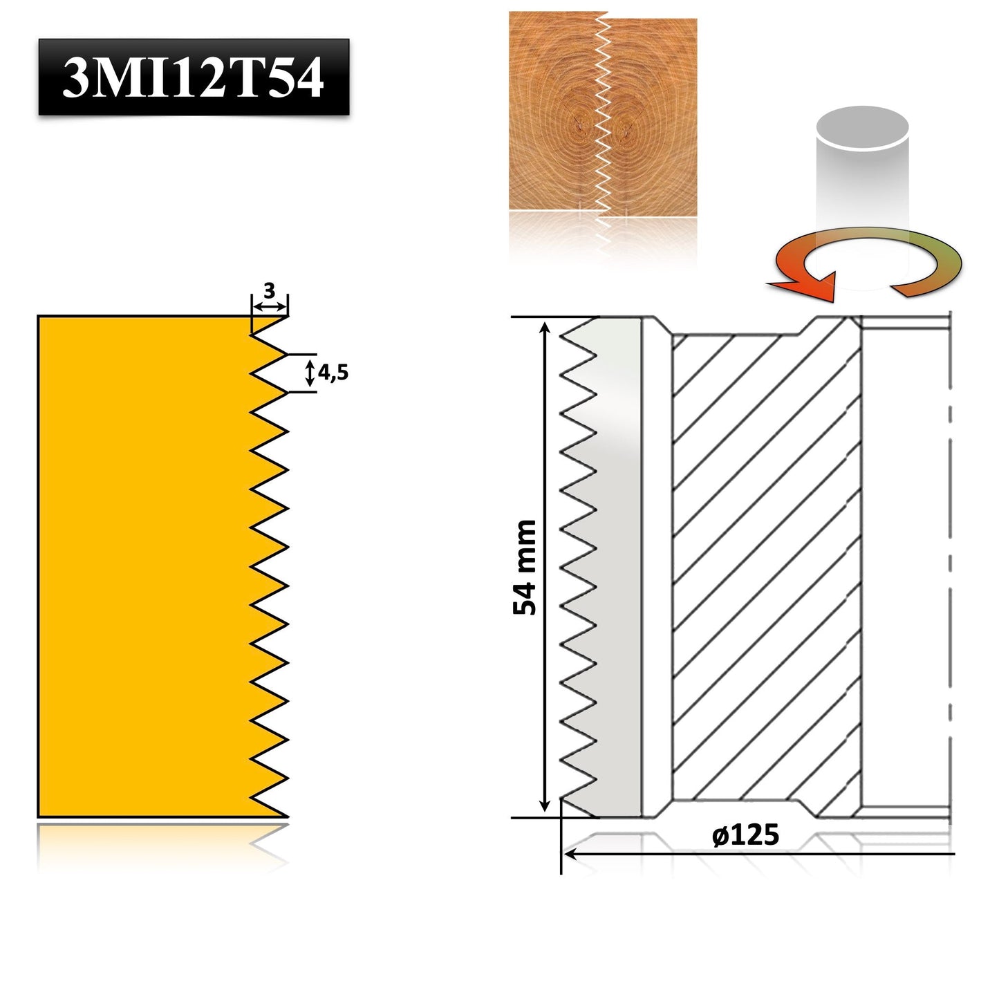 Freză profesională pentru lemn, placată cu HSS, 12 dinți, diametru 125 mm, îmbinări latitudinale până la 54 mm.