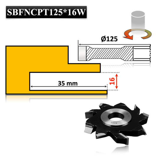 Freză nut cu cuțit pre-tăietor pentru lemn, diametru 125 x 16 mm, Vidia – ideală pentru falturi și caneluri precise.