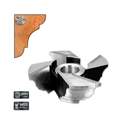 Freza profilată pentru cornișă, 50 mm, HSS brazat – ideală pentru finisaje precise și detalii estetice în prelucrarea lemnului.