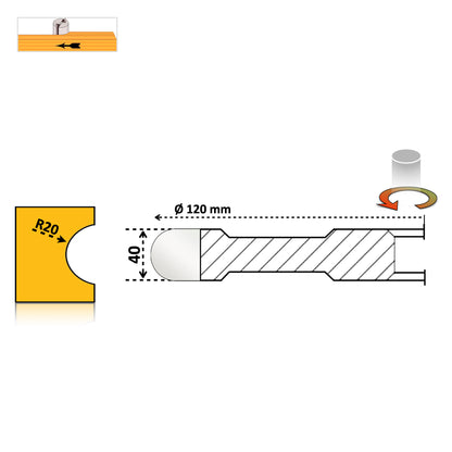 Freza cu alezaj, placată cu HSS, proiectată pentru prelucrarea canelurilor semirotunde sau de raionat în lemn esenta moale sau tare masiv, holcher 40 mm, rază de 20 mm 