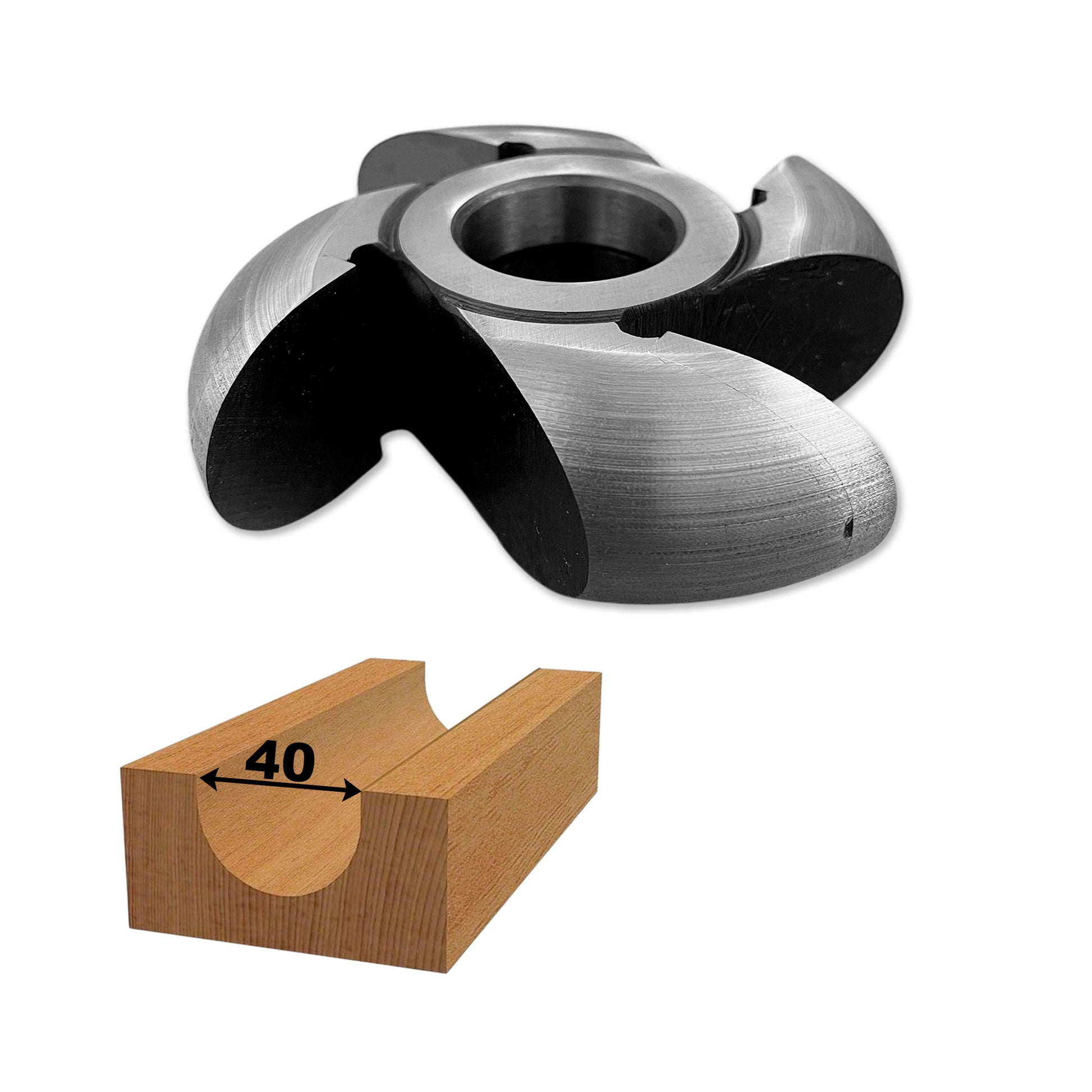 Freza cu alezaj, placată cu HSS, proiectată pentru prelucrarea canelurilor semirotunde sau de raionat în lemn, holcher 40 mm, rază de 20 mm pentru precizie.