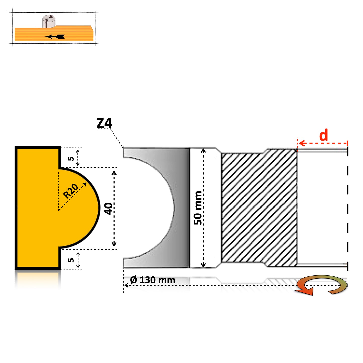 Freză pentru Lemn Jumatate de Cerc Concav R3 - R60 mm | HSS Premium
