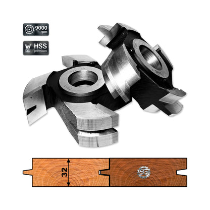 set Freze nut si feder sau lamba si uluc pentru dusumea, dulap, pardosea, parchet de 32 mm esenta moale si tare de lemn