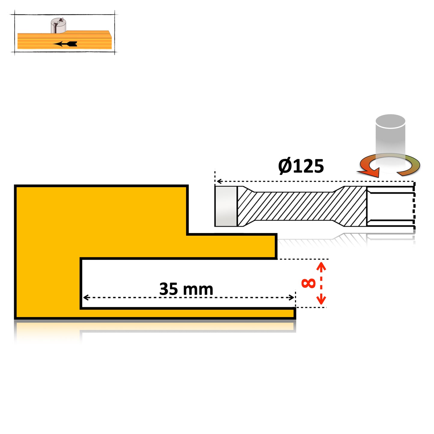 Freză de canal cu alezaj, diametru 125mm și grosime 8mm, compatibilă cu mașini de frezat staționare.