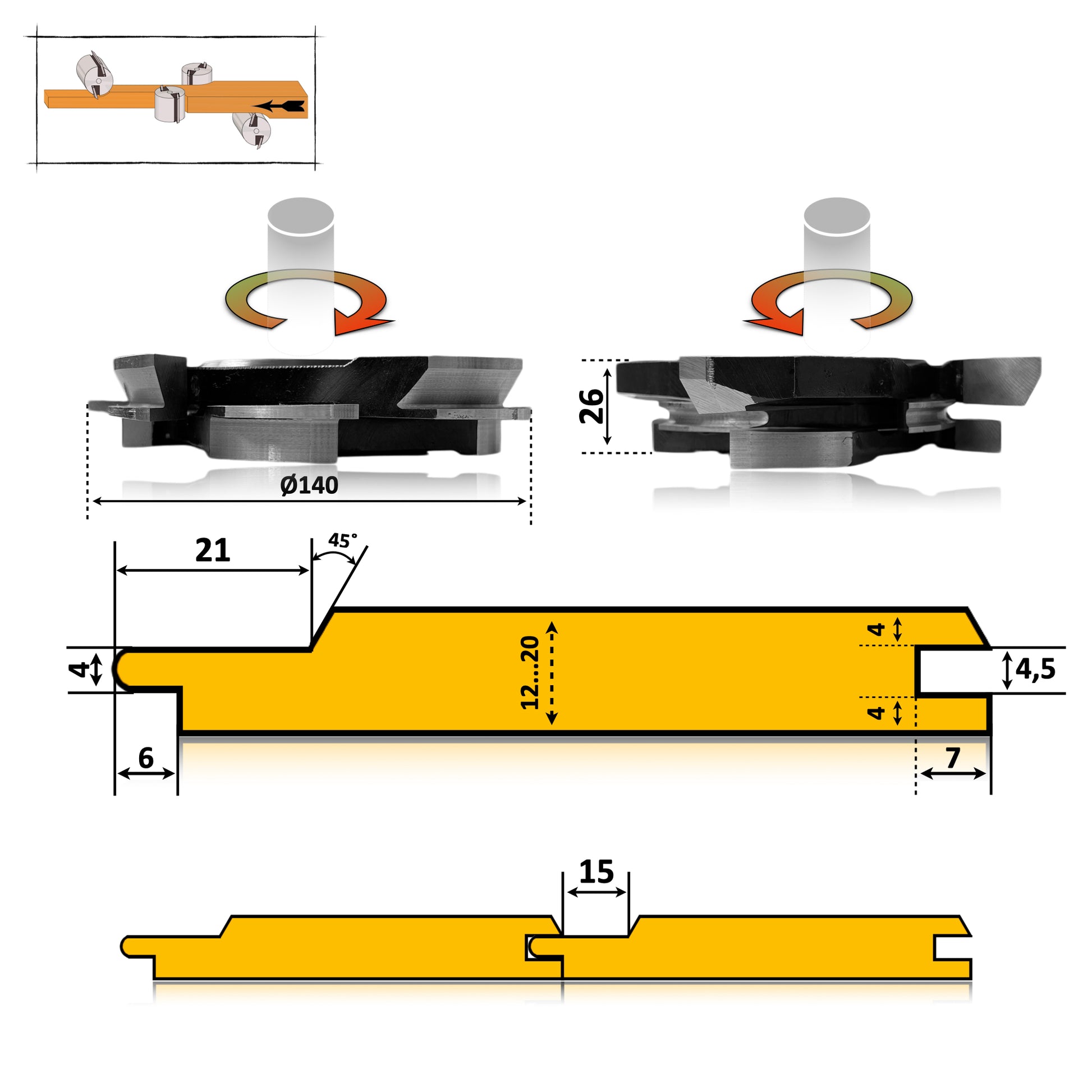 Set Freze Lambriu cu Profil Tesit la 45 Grade cu grosime de 20 mm 
