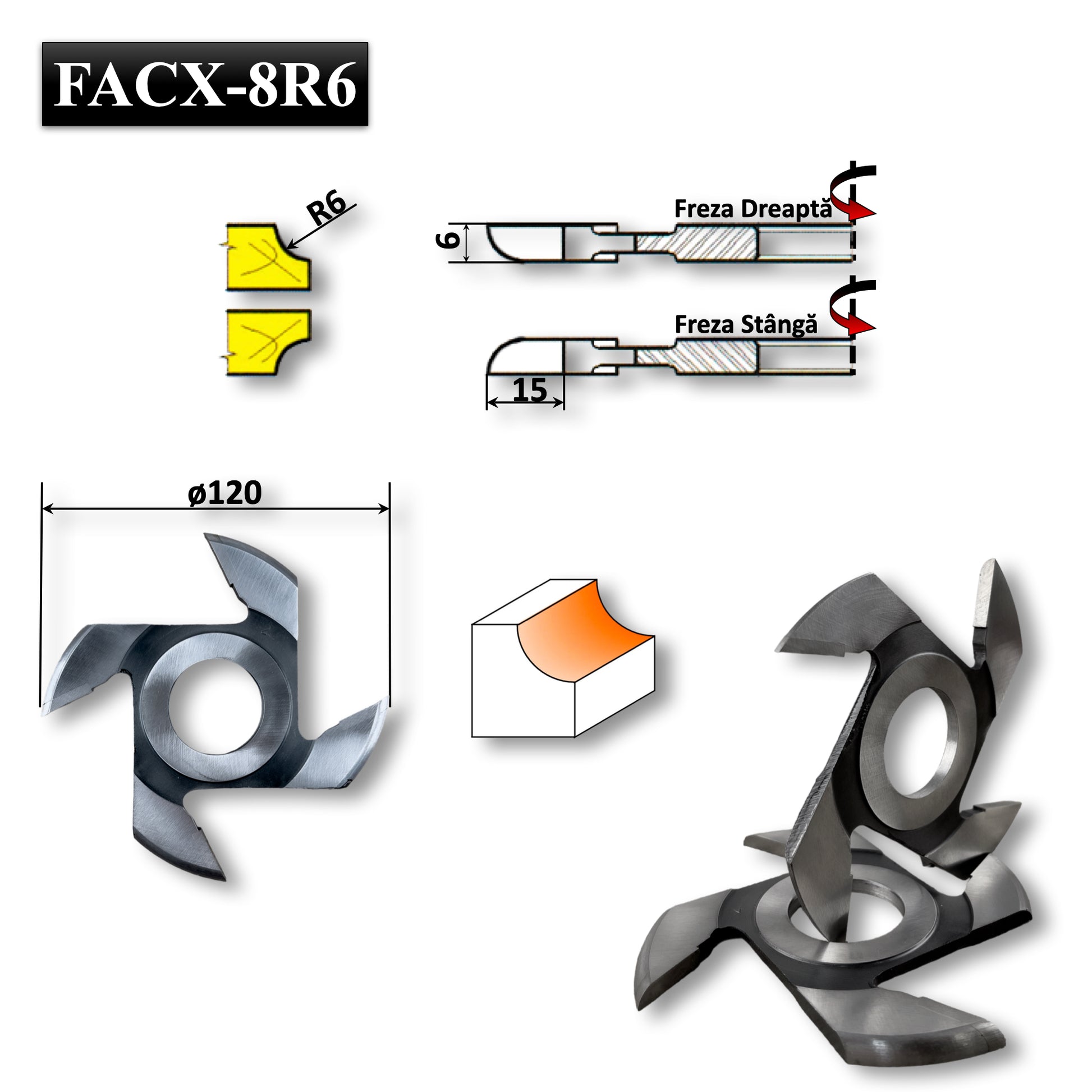 freza alezaj ax 30 raionat lemn convex raza sfert cerc semi radius 6 mm