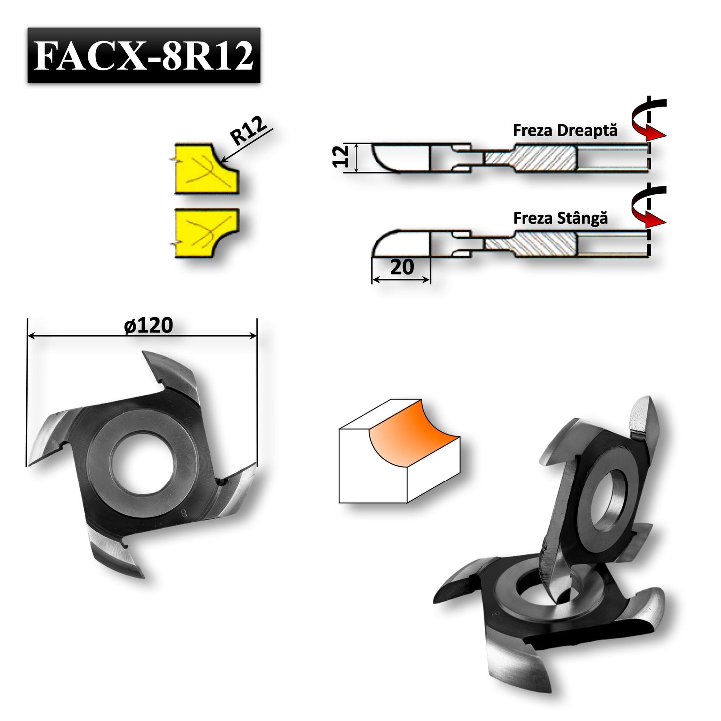 freza alezaj ax 30 raionat lemn convex raza sfert cerc semi radius 12 mm