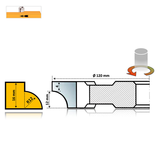 Freza sfert de cerc concav 16 mm, rază 12 mm, placată cu HSS sau Vidia. Disponibilă în variantele dreapta.