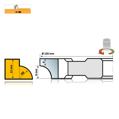 Freza Concavă Sfert de Cerc HSS, rotunjire cant cu raza de 8 mm dimensiuni 120 x 30 x 12 R8 dreapta