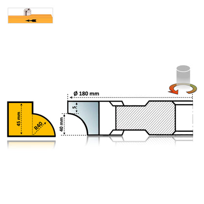 Freză pentru Lemn Sfert de Cerc Concav R40 mm - HSS Premium