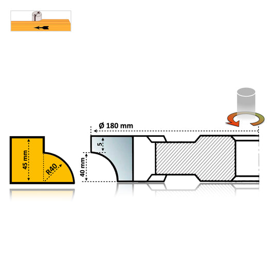 Freză pentru Lemn Sfert de Cerc Concav R40 mm - HSS Premium