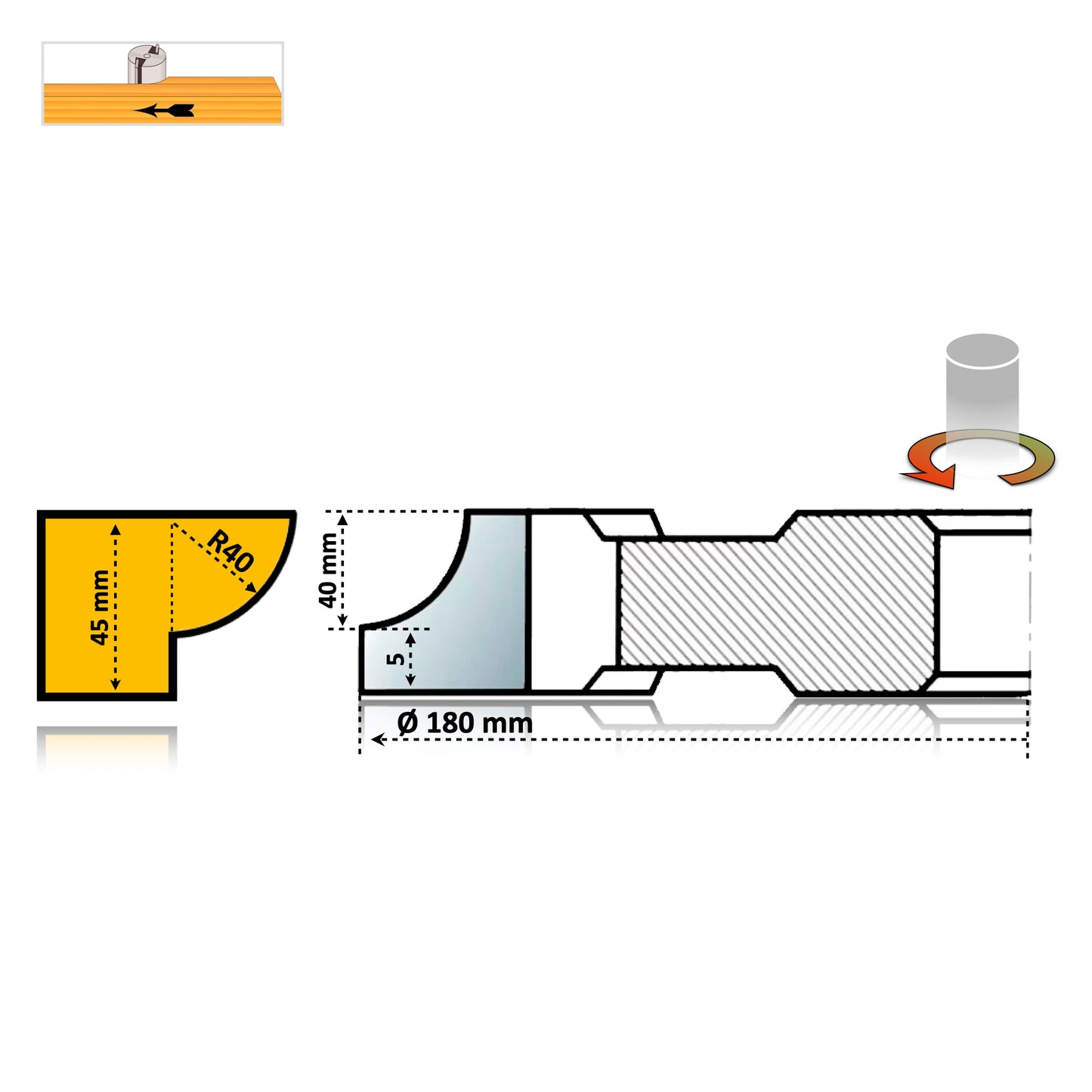 Freză pentru Lemn Sfert de Cerc Concav R40 mm - HSS Premium