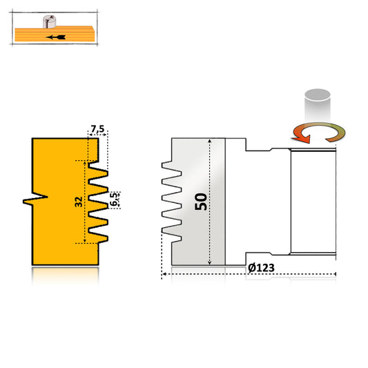 Freza imbinare lemn de 50 mm pe lung pentru esenta moale si tare cu 5 dinti de 7,5 mm adancime 
