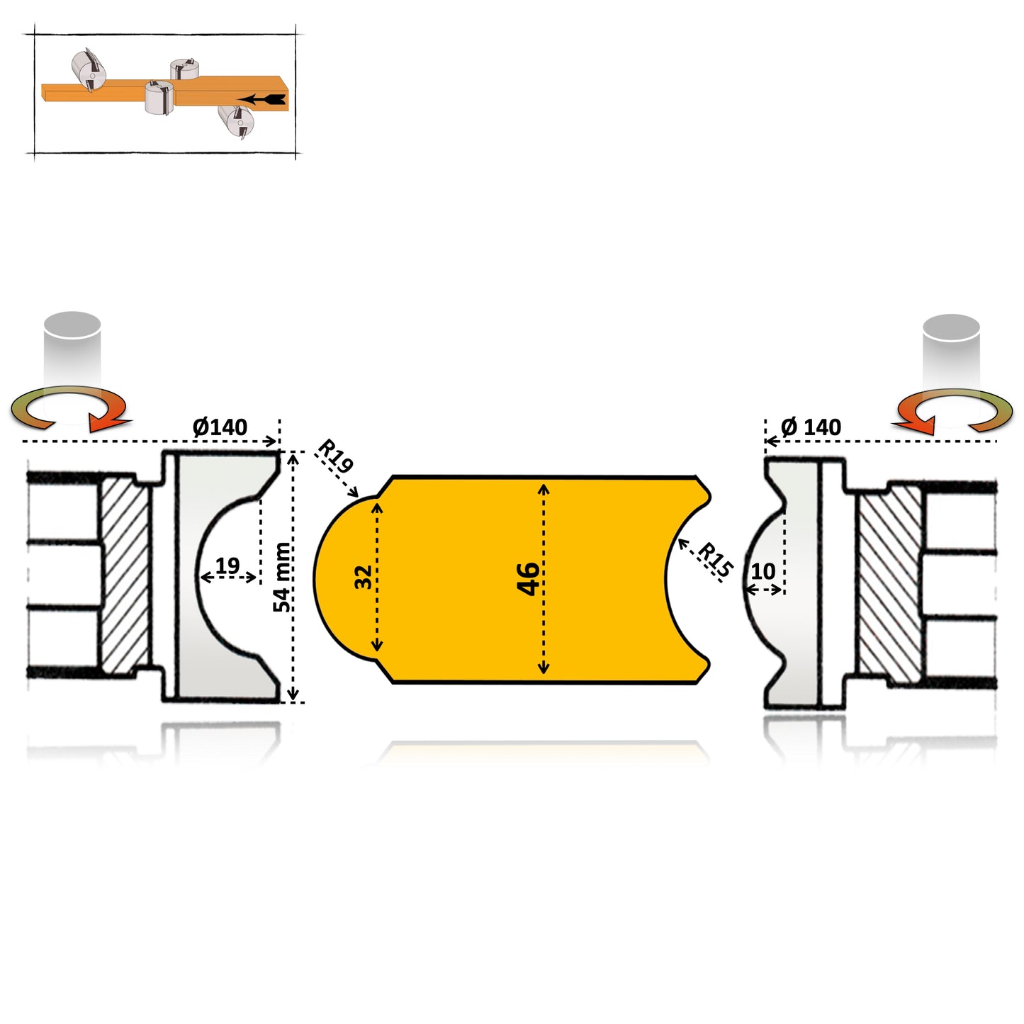 Detaliu tăiș freză semicerc convex și concav pentru îmbinarea etanșă a doagelor de lemn.