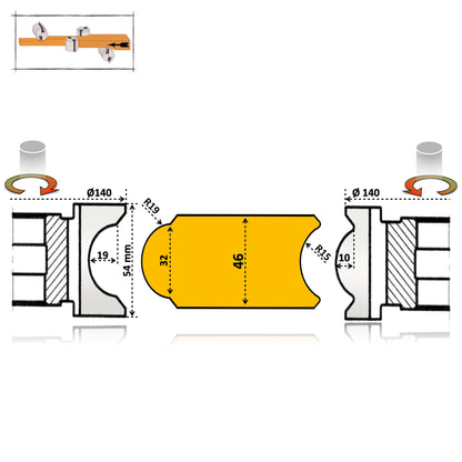Detaliu tăiș freză semicerc convex și concav pentru îmbinarea etanșă a doagelor de lemn.