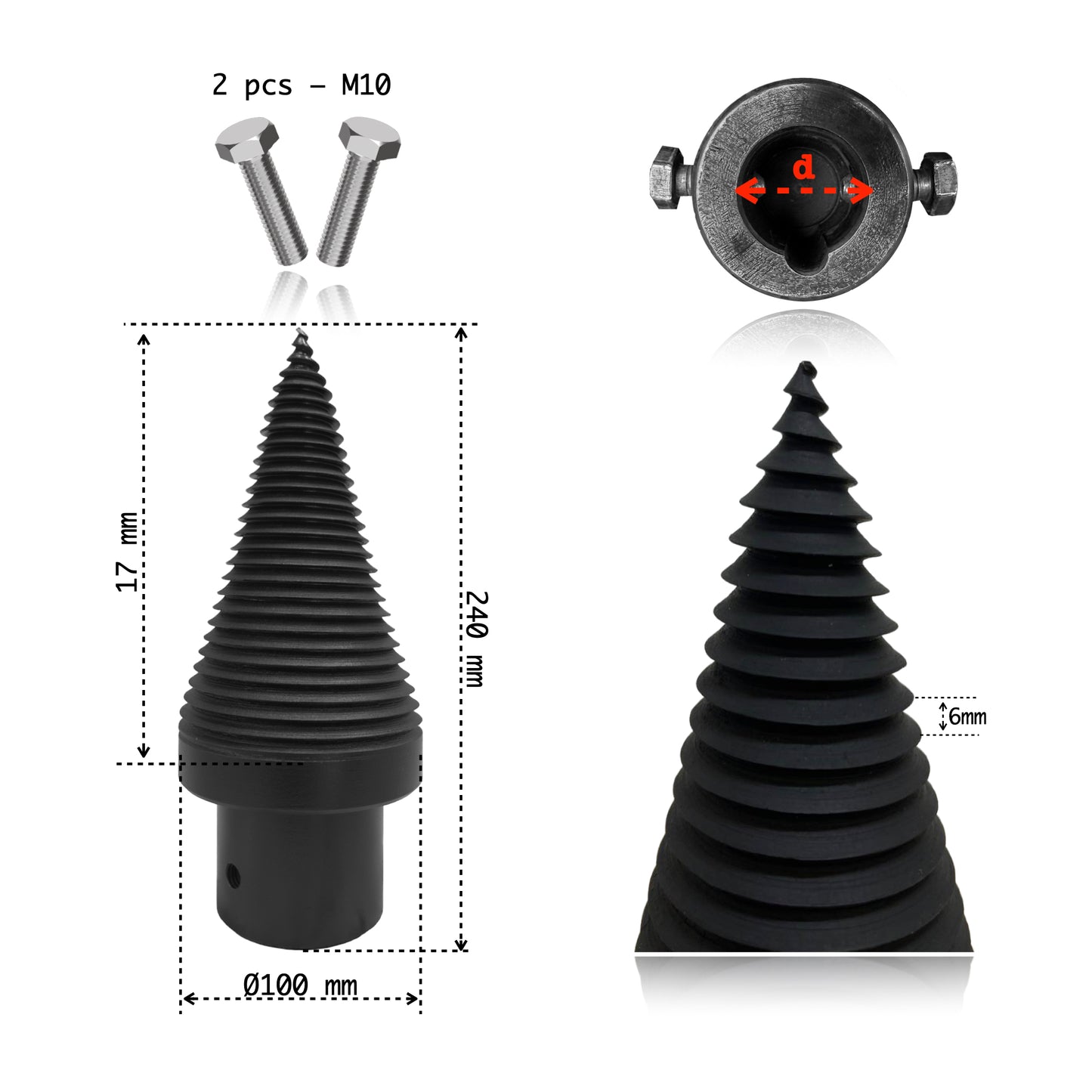 Con Crapător Lemne Spiralat, Tip Burghiu | Ø60 mm - Ø100 mm | Tratat Termic