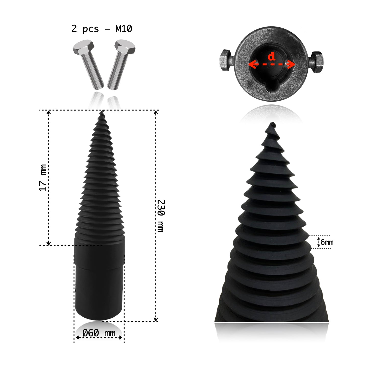Con Crapător Lemne Spiralat, Tip Burghiu | Ø60 mm - Ø100 mm | Tratat Termic