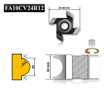 Freza Concava Jumatate de cer pentru rotunjire cant la scandura cu raza de 12 la grosime de 24 mm 