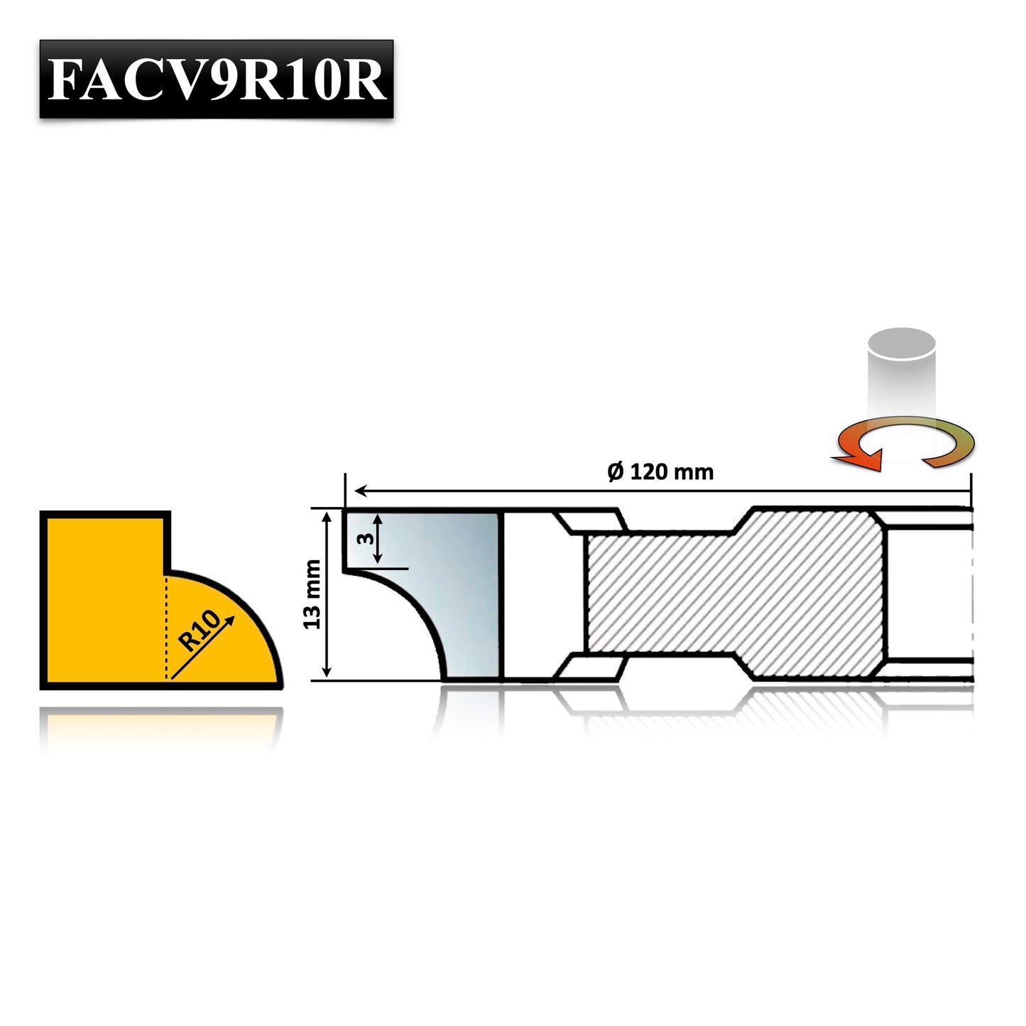 Freza Concavă Sfert de Cerc HSS sau Semi Luna pentru rotunjire cant cu raza de 10 mm dimensiuni 120 x 30 x 13 R10