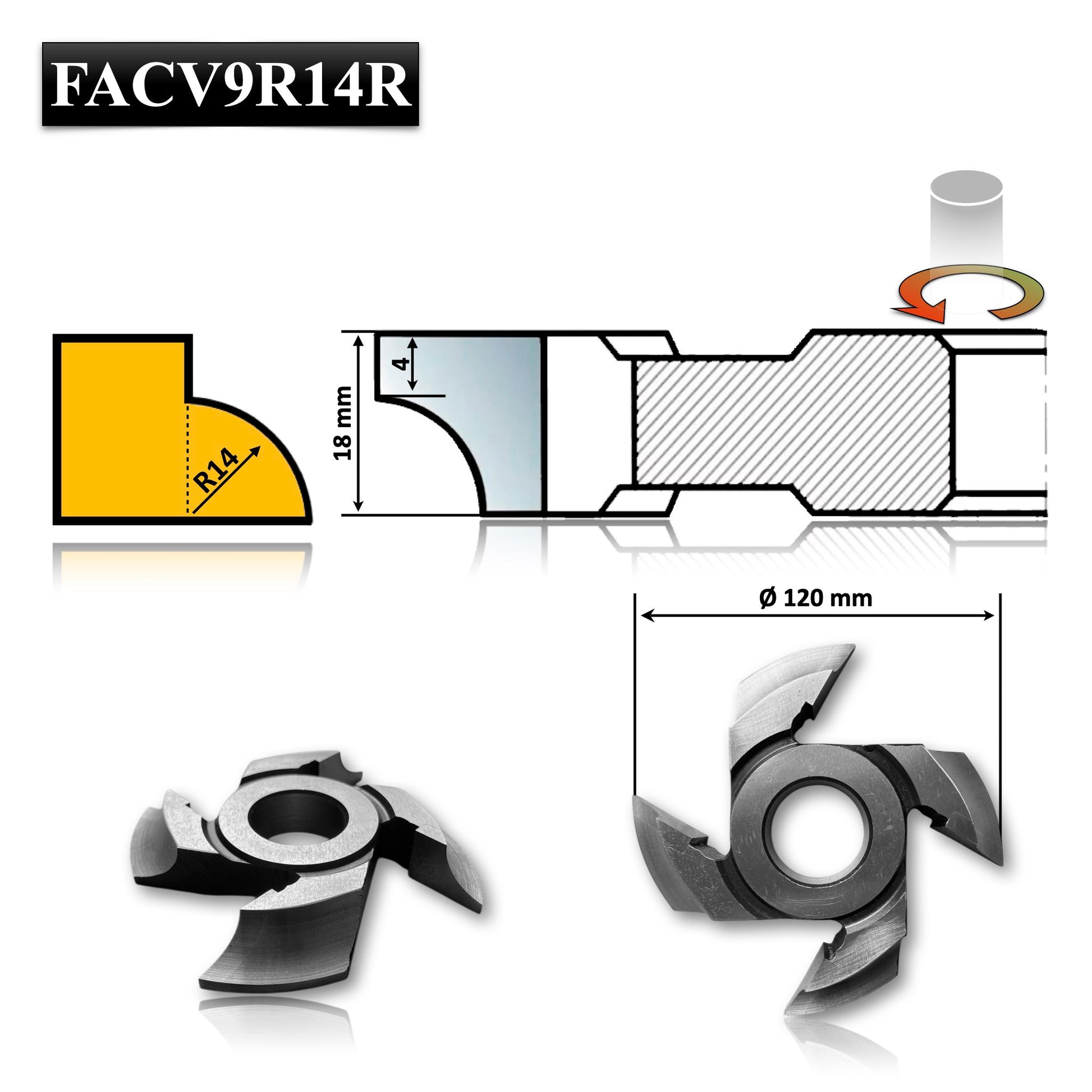 Freza Concavă Sfert de Cerc HSS, rotunjire cant cu raza de 14 mm dimensiuni 120 x 30 x 16
18 R14 Dreapta Sus