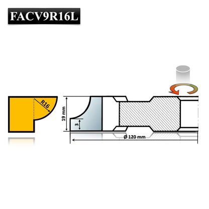 Freza Concavă Sfert de Cerc HSS sau Semi Luna pentru rotunjire cant cu raza de 16 mm dimensiuni 120 x 30 x 19 R16