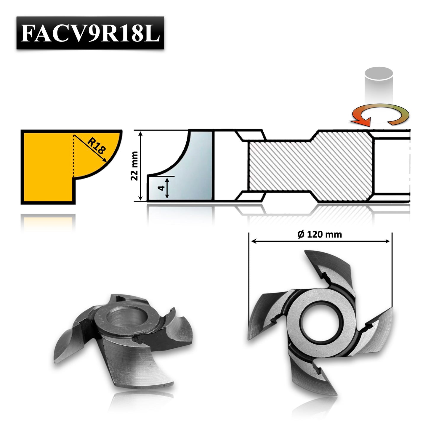 Freza Concavă Sfert de Cerc HSS rotunjire cant cu raza de 18 mm dimensiuni 120 x 30 x 22 R18