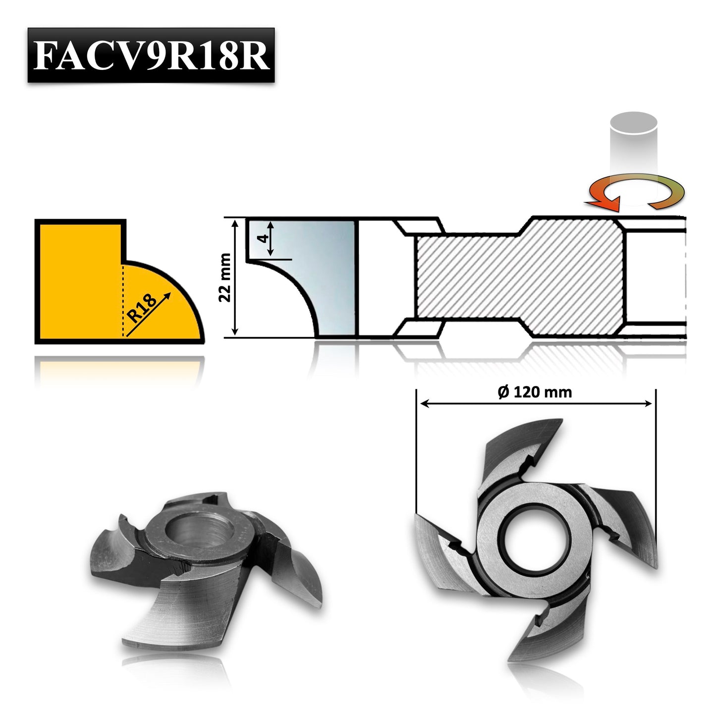 Freza Concavă Sfert de Cerc HSS rotunjire cant cu raza de 18 mm dimensiuni 120 x 30 x 22 R18