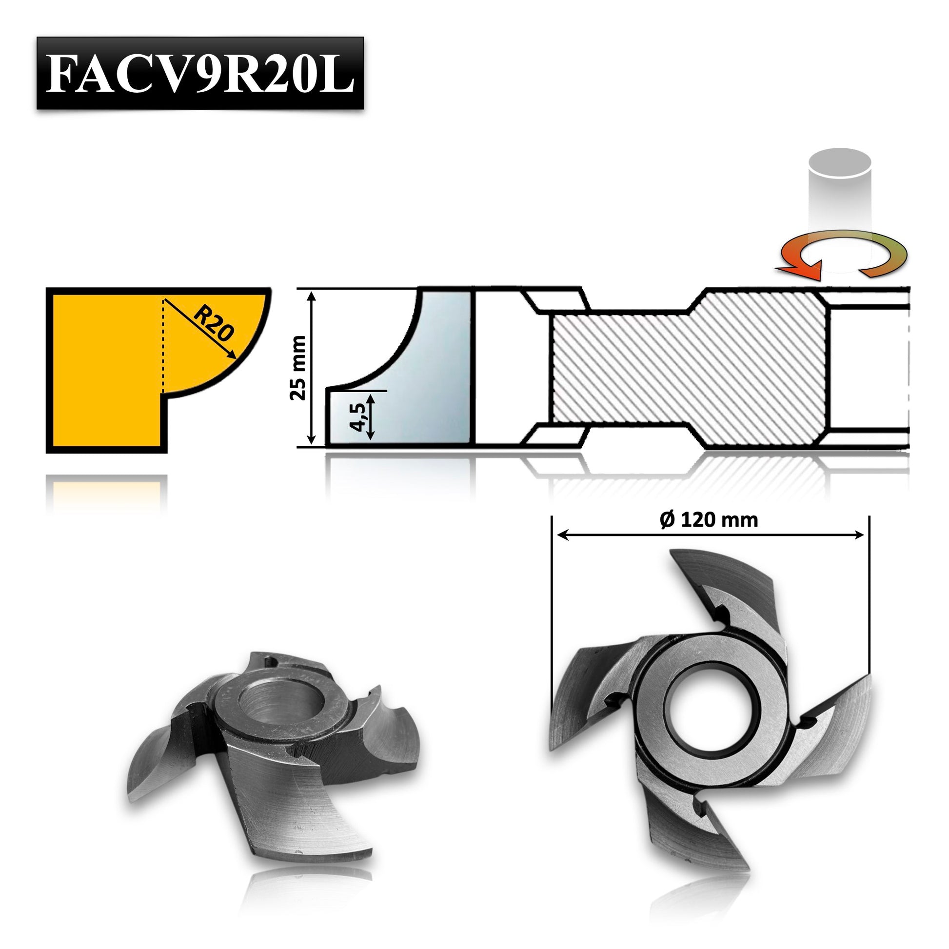 Freza Concavă Sfert de Cerc HSS, rotunjire cant cu raza de 20 mm dimensiuni 120 x 30 x 25 R20