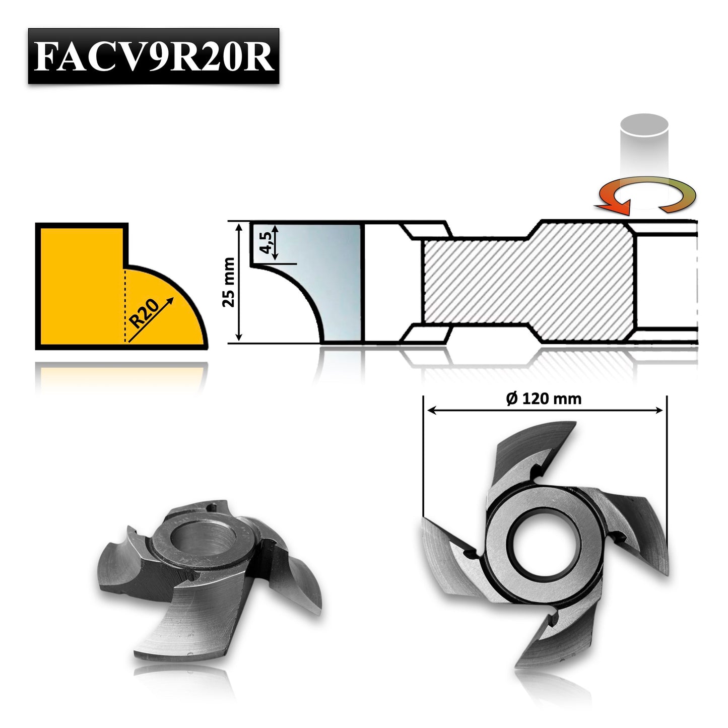 Freza Concavă Sfert de Cerc HSS, rotunjire cant cu raza de 20 mm dimensiuni 120 x 30 x 25 R20