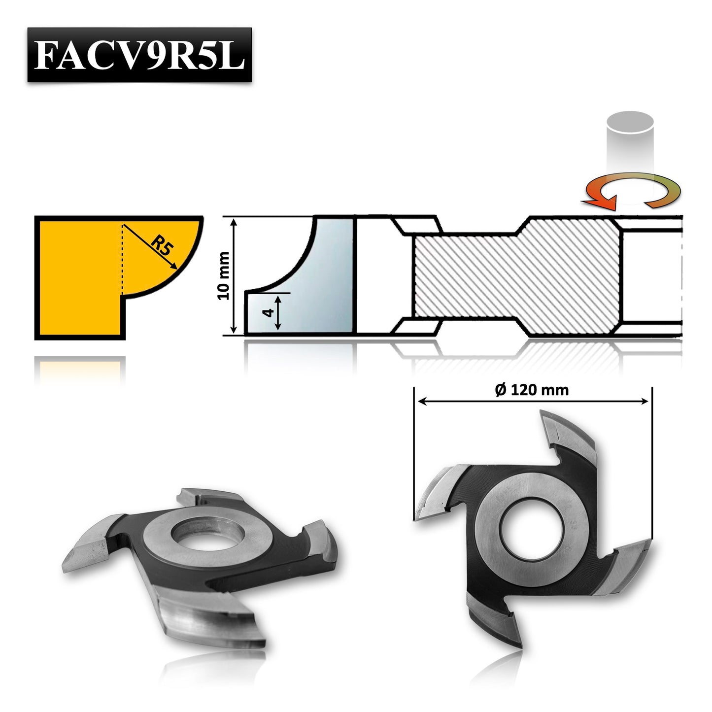 Freza Concavă Sfert de Cerc HSS, rotunjire cant cu raza de 5 mm dimensiuni 120 x 30 x 10 R5