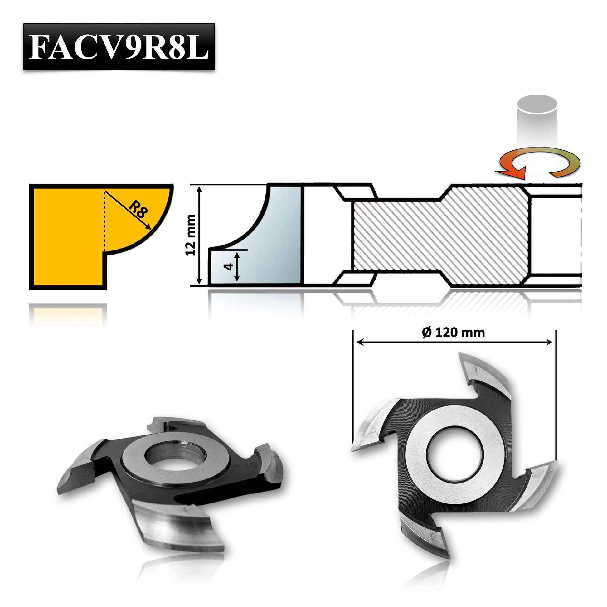 Freza Concavă Sfert de Cerc HSS, rotunjire cant cu raza de 8 mm dimensiuni 120 x 30 x 12 R5