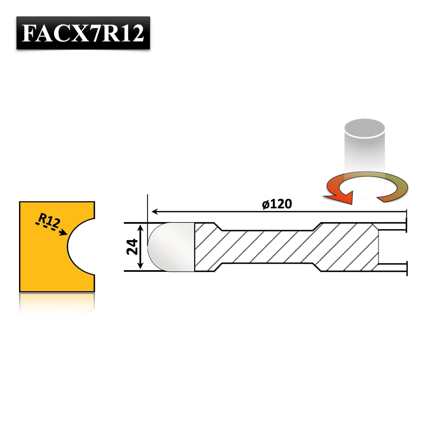 Freza cu alezaj, placată cu HSS, proiectată pentru prelucrarea canelurilor semirotunde sau de raionat în lemn, holcher 24 mm, rază de 12 mm pentru precizie.