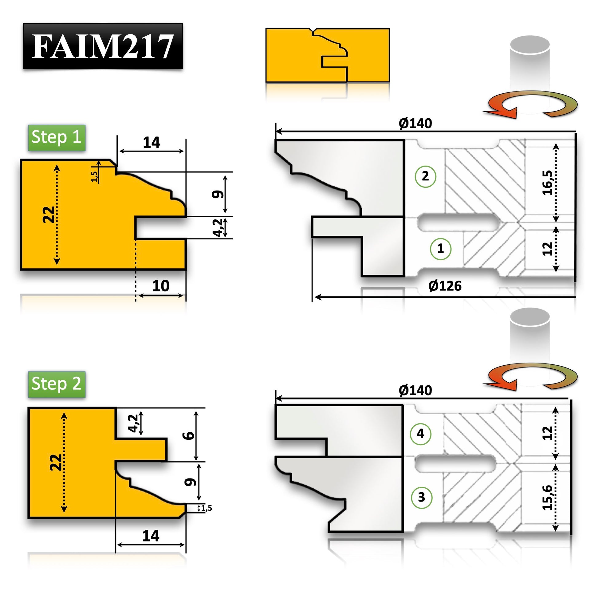 Set Freze pentru imbinare mobila la 22 mm placate cu hss pentru lemn masiv sau esenta moale pentru crearea mobilierului decorativ si profesional avand in set profil si contraprofil din 4 freze 